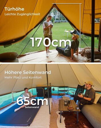 Намет для глемпінгу KingCamp, намет-дзвін для 6-12 осіб, 4-6,7 м, чиста бавовна/TC бавовна, водонепроникний, сімейний намет для відпочинку на природі з ПВХ-підкладкою, фестивальний намет для сімей та кемпінгових груп KHAN 4M T/C 210g Base Camp