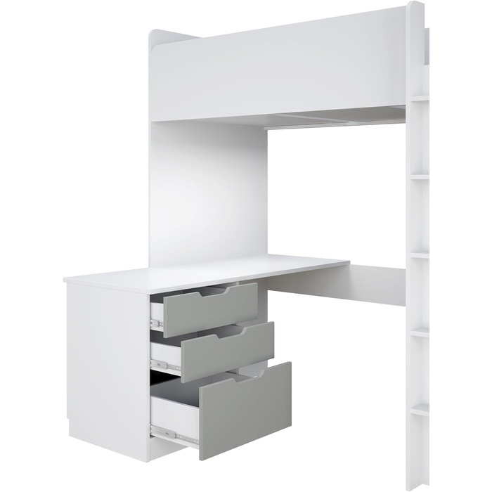 Дитяче ліжко-горище Shefa з письмовим столом - компактне ліжко-горище 5-в-1 для дітей зі сходами, шафою, полицею та робочою зоною - сірого кольору, вантажопідйомність до 90 кг, розміри 206 x 107 см