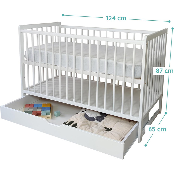 Дитяче ліжечко, дитяче ліжко 60x120 см, ліжечко, повний комплект з матрацом, розкладне тумбочки, регульована по висоті рейкова основа зі знімними рейками, з шухлядою білий колір, масив сосни
