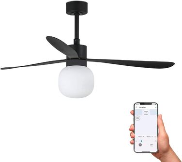 Великий чорний стельовий вентилятор з кульковим світлодіодом, Smart, 20 Вт, 2700 К, 6 швидкостей