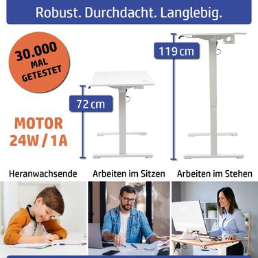 Стіл FlexxPro з регульованою висотою 3 розміри та 2 кольори Безперервна робоча поверхня Включно зі світлодіодною панеллю керування та системою керування кабелями Електричне регулювання та ергономічний 100x60 см, білий