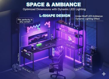Г-подібний кутовий стіл Garvee, чорний зі світлодіодним освітленням та відсіком, ігровий стіл з підставкою для монітора та бічною кишенею, сучасний комп&39ютерний стіл для домашнього офісу, міцний стіл з полицею, 124x92 см