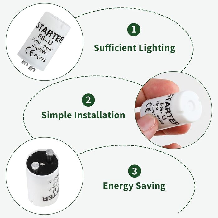Пакет із 6 стартерів 4-65 Вт, люмінесцентна трубка, сумісна з лампами 4-65 Вт, стартер з тривалим терміном служби для ефективного та безпечного запалювання, 220-240 В, ідеальний для індивідуального перемикання люмінесцентних ламп