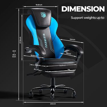 Геймерське крісло з підставкою для ніг та підголівником, ергономічне крісло керівника для дорослих, велике ігрове крісло з поперековою опорою, обертове крісло зі штучної шкіри для ігрової обстановки та домашнього офісу (274-Blue)
