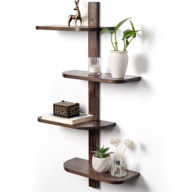 Настінна полиця Afily Vintage Wooden Wall Shelf, 4 рівні вертикальна плаваюча полиця коричневого кольору із закругленими кутами, компактна підвісна полиця з масиву дерева, настінний декор для ванної кімнати, кухні, вітальні
