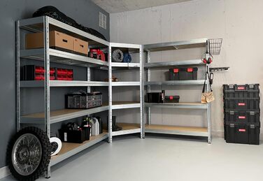 Міцний стелаж Steinbock - ВxШxГ 180 x 90 x 45 см - оцинкований - вантажопідйомність 1250 кг - безболтовий стелаж з 5 полицями - навантаження на полицю 250 кг - виготовлено в ЄС - стелаж для майстерні з оцинкованої сталі - міцний металевий стелаж типу S - 