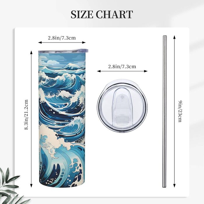 Дорожня кружка об&39ємом 590 мл з прямою трубочкою в стилі укійо-е з хвилями, принтована, підходить для кемпінгу, офісу та дому