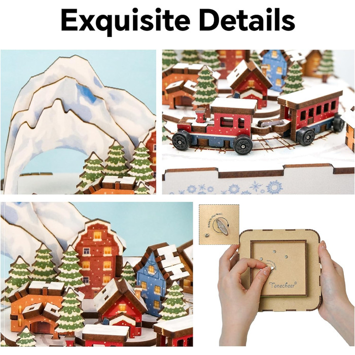 Музична скринька Tonecheer Дерев'яний 3D-пазл, набір моделей для сім'ї котів своїми руками для дорослих, обертова музична шкатулка, дерев'яна головоломка Подарунки для прикраси будинку Подарунок на день народження Різдвяні підлітки (Сніговий поїзд)