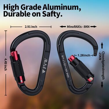 Спорядження для скелелазіння з карабіном 25 кН, 5 шт. автоматично фіксуючих карабінів для гамаків, гойдалок, повідків та шлейок для собак із замком, для кемпінгу, походів та інших потреб (чорний*5)