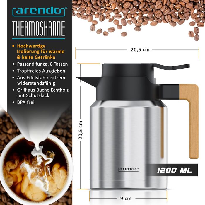 Термос з нержавіючої сталі 1 л - Подвійні стінки - 1200 мл - Нержавіюча сталь SUS 201/304 - Ручка з натурального бука - Швидке закриття - Герметичний - Знімна кришка - Без BPA
