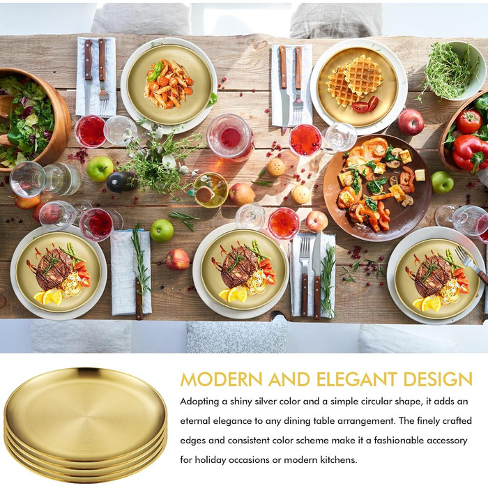 Набір з 4 золотих підносів, діаметр 23 см Сервірувальні підноси з нержавіючої сталі 201, декоративні тарілки золотого кольору, круглі підноси для кухні, ресторану, кафе, кемпінгу та вечірок