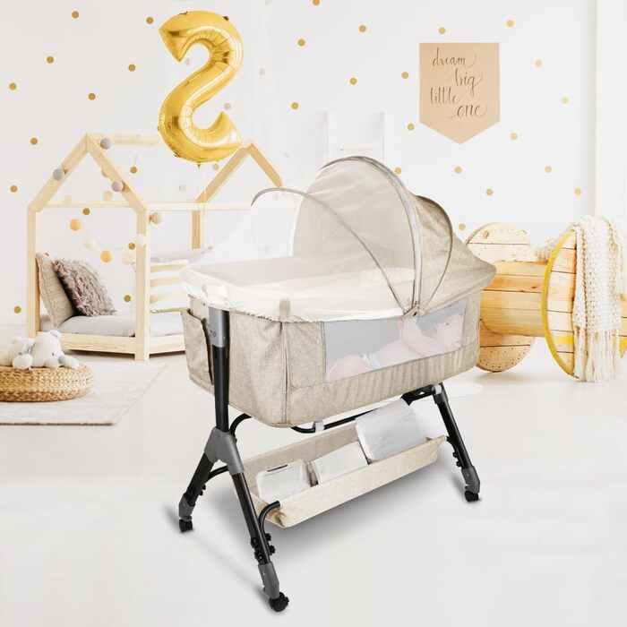 Дитяче ліжечко 3-в-1 приліжкове ліжечко, дитяча колиска та дорожнє ліжечко, 4-рівневе регулювання висоти дитячого ліжечка, що відкидається, дитяче ліжко, колиска для дітей вагою до 25 кг - 104 x 52 x 100-110 см - кремово-білий колір