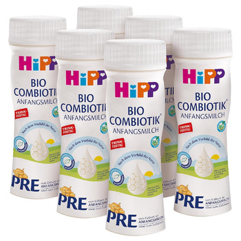 Готова до вживання суміш HiPP PRE Bio Combiotik (6 x 200 мл), перше молоко від народження, містить лише лактозу як вуглевод, найкращої органічної якості