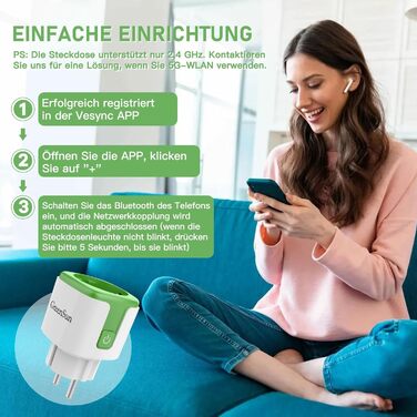 Розетка WLAN з вимірюванням потужності - додаток GreenSun VeSync Розетка WLAN Таймер Розетка Вимірювач вартості електроенергії Голосове керування за допомогою таймера/розкладу Alexa Розетка Wi-Fi 16A