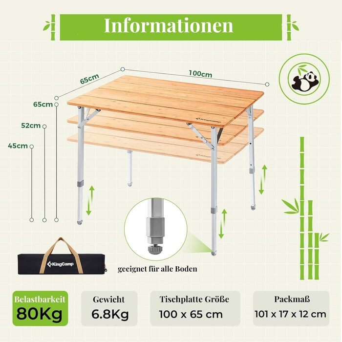 Складаний кемпінговий стіл KingCamp з бамбука, регульована висота (45/52/65 см) для 4-6 осіб, складний кемпінговий стіл з сумкою для перенесення, вантажопідйомність до 80 кг, 100 x 65 см, 3 фіксовані рівні висоти 100 x 65 см