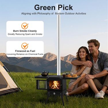Складана кемпінгова дров&39яна піч, наметова піч, портативна наметова плита, кемпінгова піч з димоходом, садова піч, вулична піч, кемпінгова піч, міні-дров&39яна піч з регульованою висотою 36-56 см, для активного відпочинку на свіжому повітрі