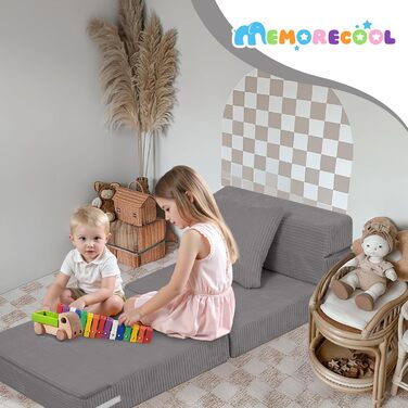 Диван MeMoreCool Cord Play, Дитячий диван, Дитячий диван Glow, Дитячий розкладний диван, Диван-фліп, Дитячий диван, Z-подібне ліжко, Розкладний дитячий диван, Ліжко на підлогу, Розкладний диван для ігрової кімнати, Сірий шнур сірого кольору