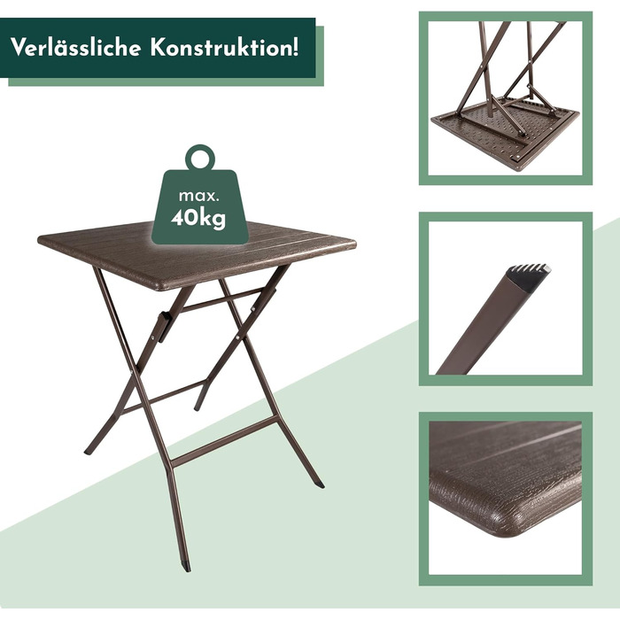 Розкладний стіл Lemodo з коричневою стільницею під дерево, балконний стіл 62 x 62 см (Д x Ш) Журнальний столик, вантажопідйомність до 40 кг, садовий стіл, міцний пластиковий стіл