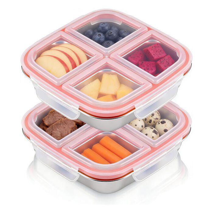 Набір з 2 контейнерів для перекусів з роздільниками, нержавіюча сталь, 17,5x17,5x4,5 см, 600 мл. Контейнер з 4 відділеннями та пластиковою кришкою, штабельовані, для зберігання їжі, сендвічів, для школи, роботи (4 відділення)