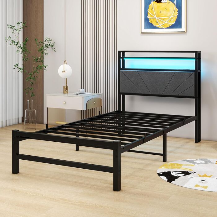 М&39яке ліжко 90x200 см, металеве ліжко, односпальне ліжко, каркас ліжка зі світлодіодним освітленням та зарядною станцією, каркас ліжка з місцем для зберігання речей, дитяче ліжко, гостьове ліжко, каркас ліжка з узголів&39ям, темно-сірий колір 90 x 200 с