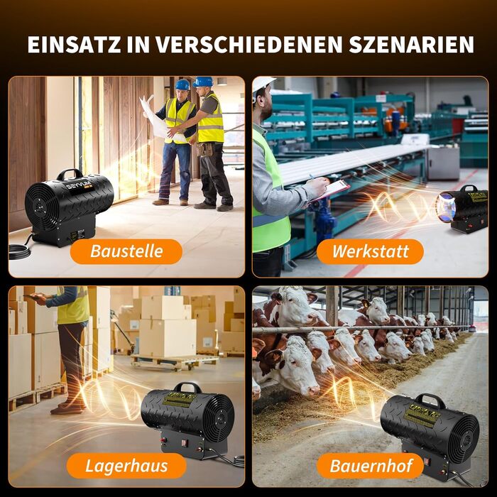 Газовий обігрівач для використання в приміщенні, газовий вентилятор-обігрівач потужністю 30 кВт, газовий обігрівач, газовий вентилятор-обігрівач, газовий вентилятор-обігрівач на пропані, потік повітря 700 м/год, включаючи газовий шланг 1,4 м та 700 мбар