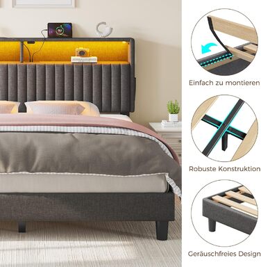 Ліжко Seventable 90x200 із зарядною станцією, металеве ліжко з м&39яким узголів&39ям та світлодіодним підсвічуванням, каркас ліжка з дворівневою полицею, ідеально підходить для дитячих кімнат, кімнат підлітків (сірий) сірий 90 x 200 см