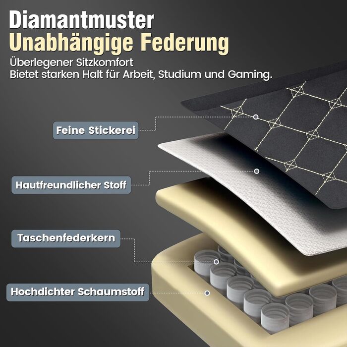 Ігрове крісло GTPLAYER, тканина, ергономічне офісне крісло, крісло для ПК, вантажопідйомність 150 кг, регульоване та поворотне робоче крісло з пружинною подушкою сидіння та підставкою для ніг, чорне