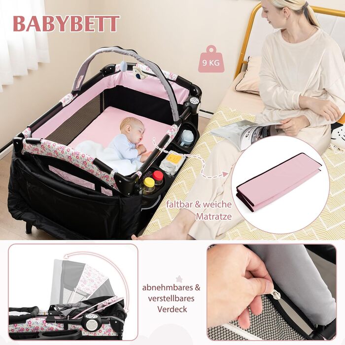 Дорожнє ліжечко 4-в-1 з матрацом, дитяче ліжечко 102 x 73 см з колесами, пеленальний килимок та колиска, складне приліжкове ліжечко для дітей 0-36 місяців та вагою до 15 кг (рожеві квіти)