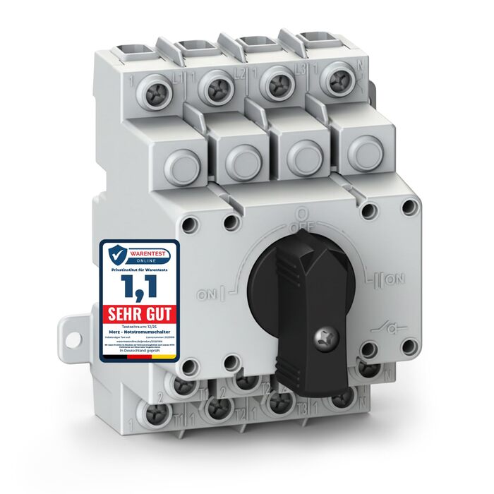 Аварійний вимикач живлення Merz - 63A - 4-полюсний вимикач навантаження - аварійний режим відключення мережі - компактний вимикач живлення (лише 4TE), включаючи вбудований місток (перемикач 63A)