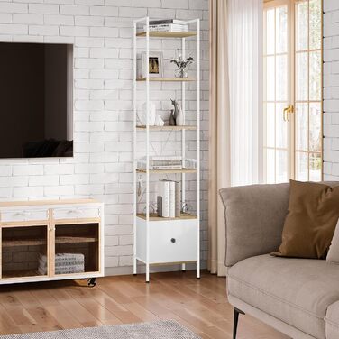 Ярусна окремостояча полиця WOLTU з шухлядою, металевий каркас, для вітальні, кабінету, домашнього офісу, спальні, сучасний колір, світлий дуб білий, RGB63whe 40x30x187 см світлий дуб білий, 5-