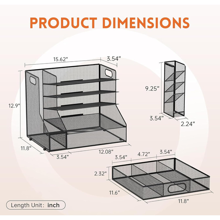 Органайзер для лотка для паперу з сітчастим тримачем для файлів, 5-ярусний настільний аксесуар та органайзер для офісного приладдя, чорний з тримачем для ручок