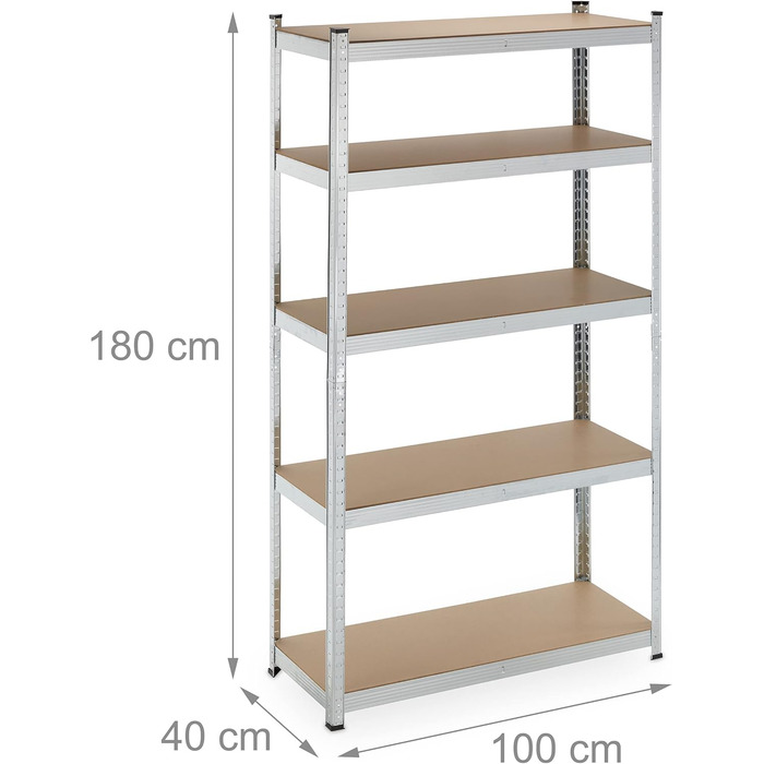 Надміцний стелаж Relaxdays, 5 ярусів, ВxШxГ 180 x 100 x 40 см, до 500 кг, сталь, полиця для зберігання в підвалі та гаражі, сріблястий