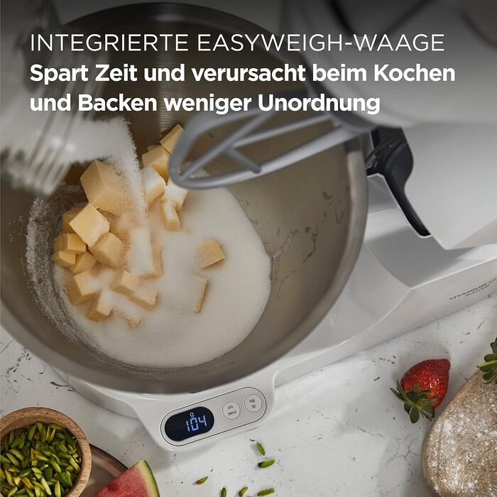 Кухонна машина Kenwood Titanium Chef Baker з вагами, набором для кондитерів (3 предмети) та чашею з нержавіючої сталі 5 л, 1200 Вт, білий (KVC65.001WH)