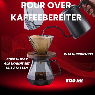 Кавоварка для наливу, набір глечиків з боросилікатного скла 600 мл, ручка з волоського горіха, фільтр кавоварки, ресторан і кемпінг, від 1 до 3 чашок