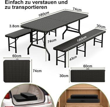 Набір для пивного саду, 3 предмети, 1 пивний стіл 2 пивні лавки, складаний набір для пивного саду з ручками для перенесення, комплект пивних столів 180 см з ротанговим ефектом, водонепроникний, чорний. 1 пивний стіл 2 пивні лавки, чорний.