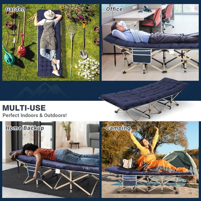 Розкладне похідне ліжко Overmont - Кемпінгове ліжко 190 x 71 x 36 см - Вантажопідйомність до 250 кг - Тканина Оксфорд 2400D з бічною кишенею та сумкою для перенесення для кемпінгу, саду, офісу, синього кольору, з матрацом ()