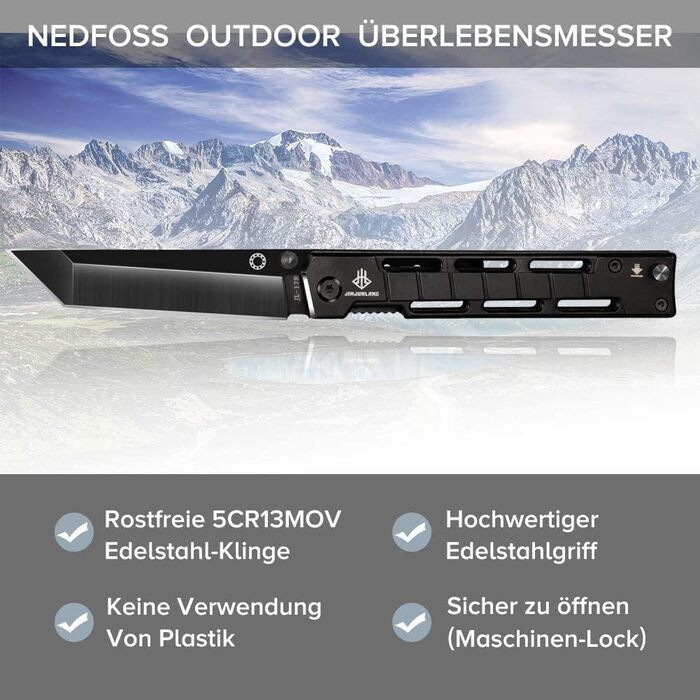 Складний ніж NedFoss DG-BK Tanto, гострий ніж Tanto, одноручний ніж 9 см з піхвами, рогатка рогатка з гумовою стрічкою, рогатка ро