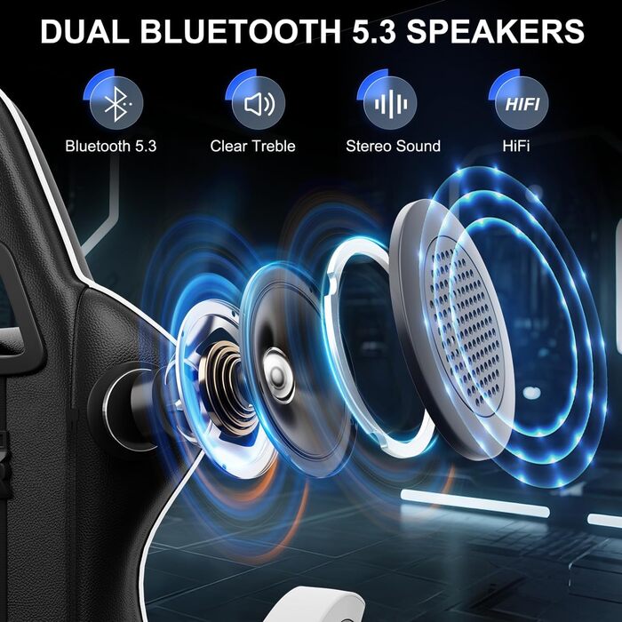 Ігрове крісло з Bluetooth-динаміками, ергономічне крісло для геймерів з підголівником та підтримкою попереку, регульоване по висоті та куту нахилу, ПК-крісло для дітей, підлітків та дорослих (Чорно-біле)