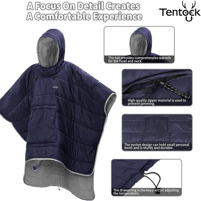 Зимове пончо Tentock унісекс з капюшоном, тепла ковдра, пуловер з капюшоном, надлегкий спальний мішок, водонепроникний, невелика ковдра для кемпінгу та походів на свіжому повітрі, сірий