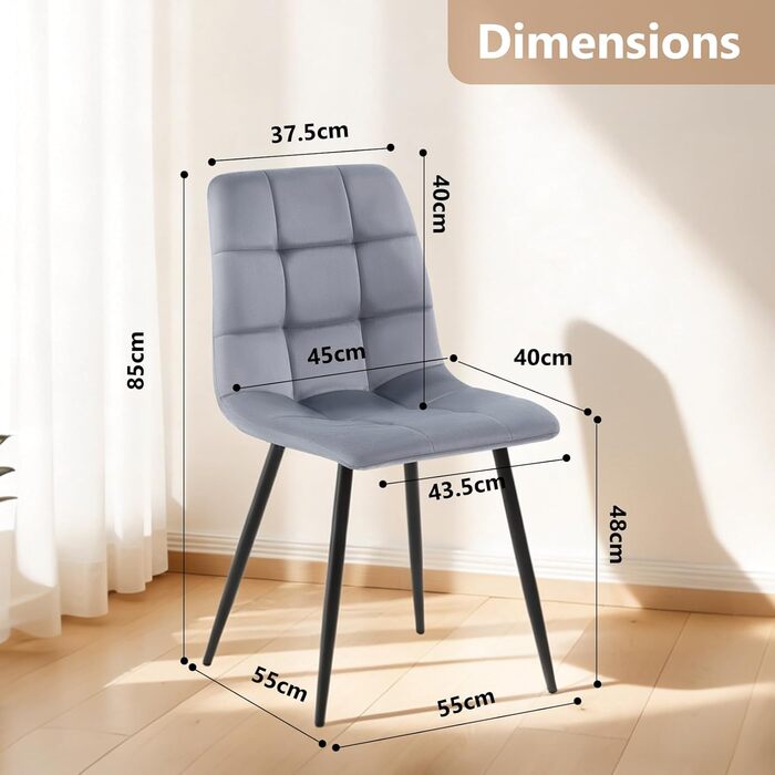 Обідній стілець Sweetcrispy, кухонний стілець з металевими ніжками - оксамитовий обідній стілець без підлокітників, сучасні стільці для їдальні, 2 шт., сірий, 45Ш * 55Г * 85В см