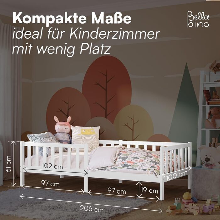 Дитяче ліжко Bellabino Vere 90x200 см Ліжко Монтессорі із захистом від падіння та рейковою основою Дитяче ліжко з масиву сосни для хлопчиків та дівчаток Ліжко для малюків білого кольору 90x200 см без шухляд та матраца