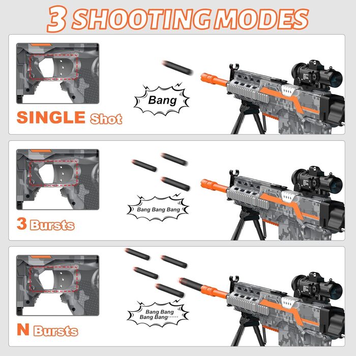 Електричний іграшковий пістолет пістолет Снайпер для дітей, 3-х режимний автоматичний іграшковий пінопластовий бластер з прицілом, 2 магазини 100 дротиків, електрична іграшкова снайперська гвинтівка для дітей від 6 7 8 9 10 років, сірий