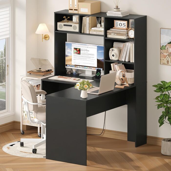 Кутовий письмовий стіл FirFurd з подовжувачем, L-подібний комп&39ютерний стіл з книжковою полицею, стіл для ПК/ноутбука для офісу, кабінету, вітальні, домашнього офісу, чорний, 153 x 125 x 108 см