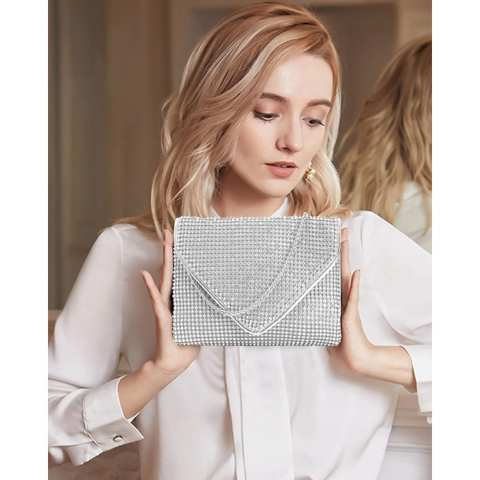 Сріблясте клатч-зчеплення з кристалами та знімним ланцюжком для вечірки, весілля, балу або банкету 06258