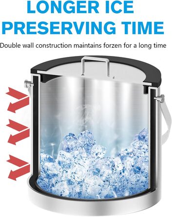 Відро для льоду з силіконовою кришкою, 3 л, двостінне відро, щипці для льоду, ручка і ситечко, велике, з нержавіючої сталі, ізольо