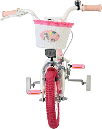 Дитячий велосипед Volare білий з сидінням-єдинорогом та рожевими ручками Ножне та ручне гальмо З додатковими колесами Комфорт та безпека Вік 35 років Легкий у збиранні Ідея для подарунка