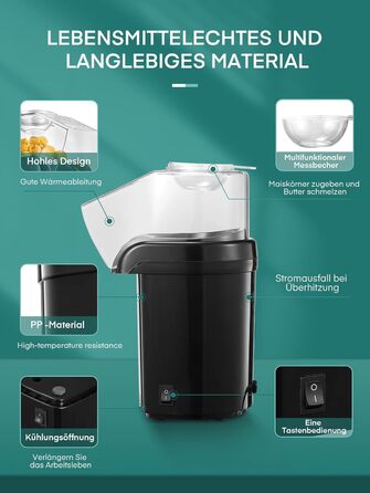 Машина для приготування попкорну з гарячим повітрям, домашня машина для приготування попкорну потужністю 1200 Вт, швидкий попкорн за 2 хвилини, без жиру та олії, включаючи мірну ложку для кукурудзи, компактний дизайн, для домашнього відео та різдвяних веч