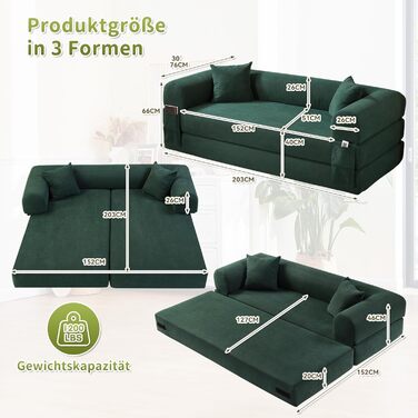 Диван BMMB з функцією сну, 203 см 3-місний диван без кісток, розкладний диван-ліжко з 2 подушками, сучасний розкладний диван-ліжко для вітальні/спальні (темно-зелений, 8025) Темно-зелений 8025