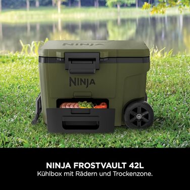 Холодильник Ninja FrostVault з колесами та ізоляцією, з пляшкою Ninja Thirti та пакетом з льодом, вбудованою шухлядою сухої зони для зберігання за температури холодильника, оливково-зелений, FB245AMZEUUKGN 42 л зелений