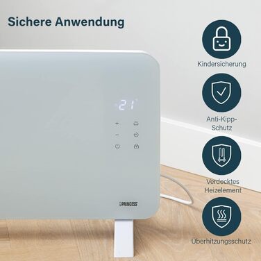 Розумний конвектор Princess Smarte 1500/2000 Вт керування через безкоштовний додаток скляна панель можливість настінного монтажу з LED-сенсорним екраном, білий